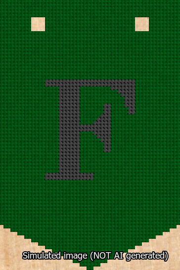 A simulated image of the stitched needlepoint design: Banner 13m Pointed F Black on Green. Not A.I. generated.