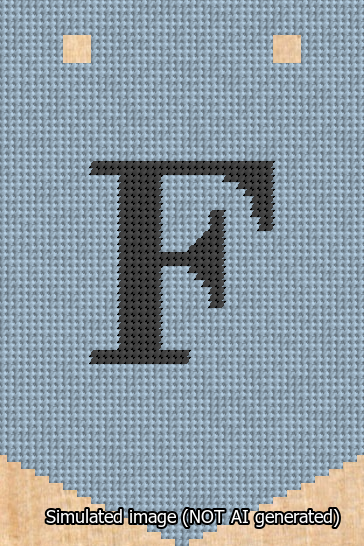 A simulated image of the stitched needlepoint design: Banner 13m Pointed F Black on Light Blue. Not A.I. generated.