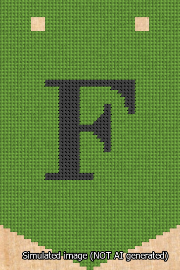 A simulated image of the stitched needlepoint design: Banner 13m Pointed F Black on Light Green. Not A.I. generated.