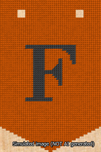 A simulated image of the stitched needlepoint design: Banner 13m Pointed F Black on Orange. Not A.I. generated.