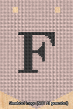 A simulated image of the stitched needlepoint design: Banner 13m Pointed F Black on Pink. Not A.I. generated.