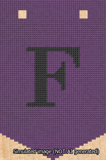 A simulated image of the stitched needlepoint design: Banner 13m Pointed F Black on Purple. Not A.I. generated.