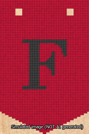 A simulated image of the stitched needlepoint design: Banner 13m Pointed F Black on Red. Not A.I. generated.