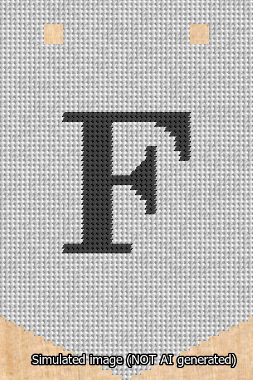 A simulated image of the stitched needlepoint design: Banner 13m Pointed F Black on White. Not A.I. generated.