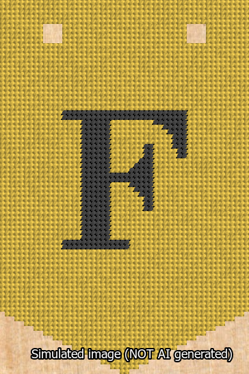 A simulated image of the stitched needlepoint design: Banner 13m Pointed F Black on Yellow. Not A.I. generated.