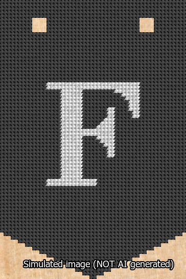 A simulated image of the stitched needlepoint design: Banner 13m Pointed F White on Black. Not A.I. generated.