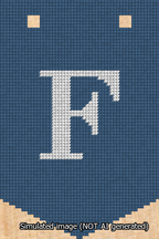 A simulated image of the stitched needlepoint design: Banner 13m Pointed F White on Blue. Not A.I. generated.