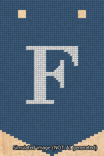 A simulated image of the stitched needlepoint design: Banner 13m Pointed F White on Blue. Not A.I. generated.