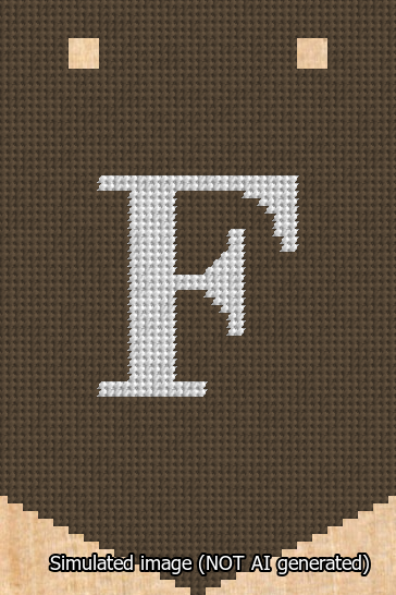 A simulated image of the stitched needlepoint design: Banner 13m Pointed F White on Brown. Not A.I. generated.