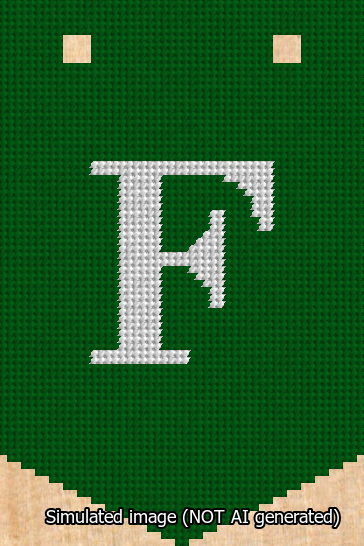 A simulated image of the stitched needlepoint design: Banner 13m Pointed F White on Green. Not A.I. generated.