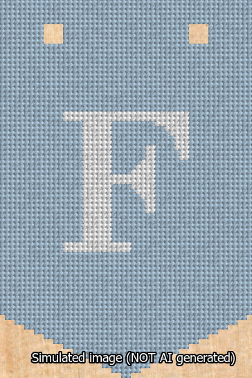 A simulated image of the stitched needlepoint design: Banner 13m Pointed F White on Light Blue. Not A.I. generated.