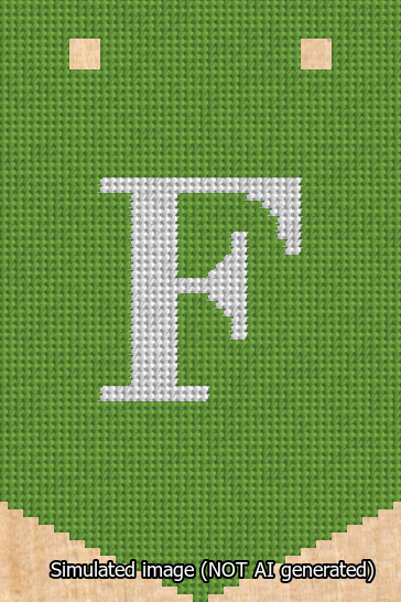 A simulated image of the stitched needlepoint design: Banner 13m Pointed F White on Light Green. Not A.I. generated.