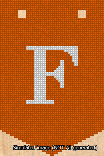 A simulated image of the stitched needlepoint design: Banner 13m Pointed F White on Orange. Not A.I. generated.