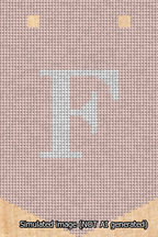 A simulated image of the stitched needlepoint design: Banner 13m Pointed F White on Pink. Not A.I. generated.