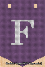 A simulated image of the stitched needlepoint design: Banner 13m Pointed F White on Purple. Not A.I. generated.