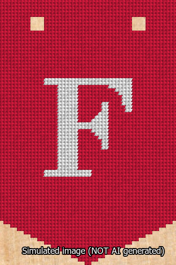 A simulated image of the stitched needlepoint design: Banner 13m Pointed F White on Red. Not A.I. generated.