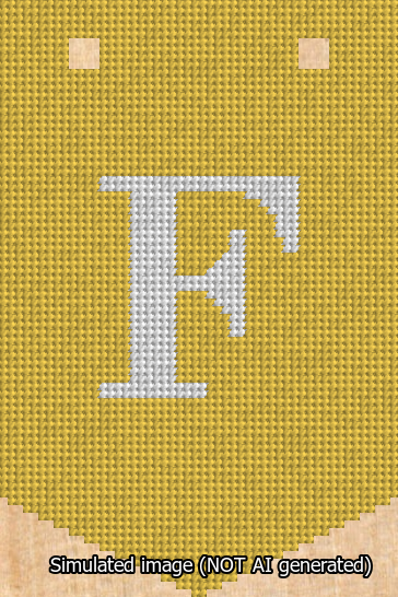 A simulated image of the stitched needlepoint design: Banner 13m Pointed F White on Yellow. Not A.I. generated.