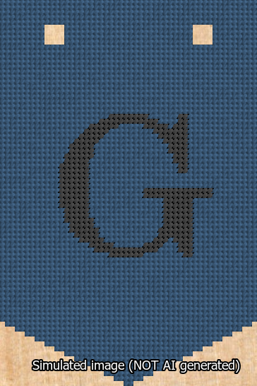 A simulated image of the stitched needlepoint design: Banner 13m Pointed G Black on Blue. Not A.I. generated.