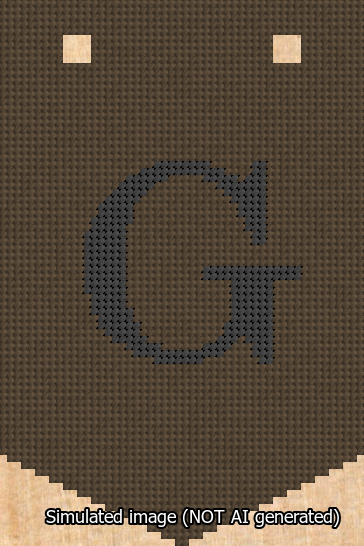 A simulated image of the stitched needlepoint design: Banner 13m Pointed G Black on Brown. Not A.I. generated.