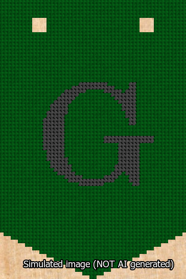 A simulated image of the stitched needlepoint design: Banner 13m Pointed G Black on Green. Not A.I. generated.