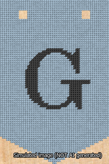 A simulated image of the stitched needlepoint design: Banner 13m Pointed G Black on Light Blue. Not A.I. generated.