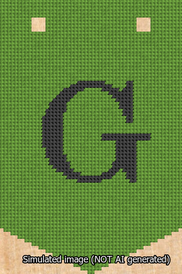 A simulated image of the stitched needlepoint design: Banner 13m Pointed G Black on Light Green. Not A.I. generated.