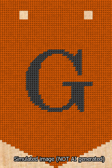 A simulated image of the stitched needlepoint design: Banner 13m Pointed G Black on Orange. Not A.I. generated.