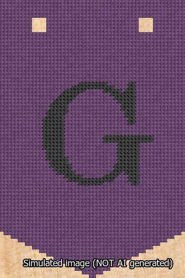 A simulated image of the stitched needlepoint design: Banner 13m Pointed G Black on Purple. Not A.I. generated.