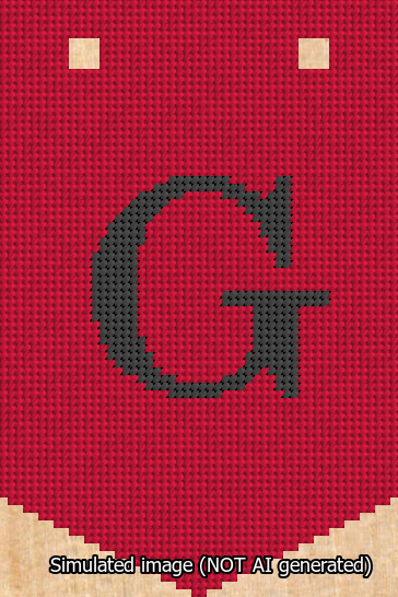 A simulated image of the stitched needlepoint design: Banner 13m Pointed G Black on Red. Not A.I. generated.