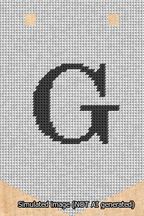 A simulated image of the stitched needlepoint design: Banner 13m Pointed G Black on White. Not A.I. generated.