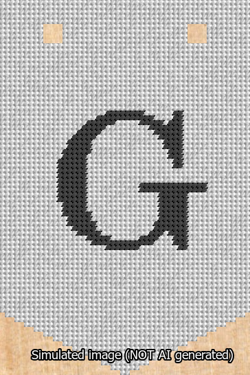 A simulated image of the stitched needlepoint design: Banner 13m Pointed G Black on White. Not A.I. generated.