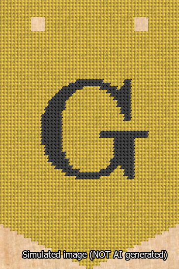 A simulated image of the stitched needlepoint design: Banner 13m Pointed G Black on Yellow. Not A.I. generated.