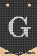 A simulated image of the stitched needlepoint design: Banner 13m Pointed G White on Black. Not A.I. generated.