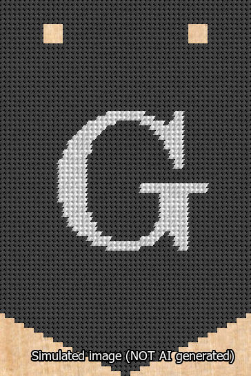 A simulated image of the stitched needlepoint design: Banner 13m Pointed G White on Black. Not A.I. generated.