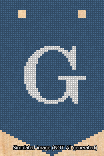 A simulated image of the stitched needlepoint design: Banner 13m Pointed G White on Blue. Not A.I. generated.