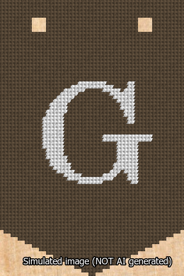 A simulated image of the stitched needlepoint design: Banner 13m Pointed G White on Brown. Not A.I. generated.