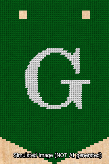 A simulated image of the stitched needlepoint design: Banner 13m Pointed G White on Green. Not A.I. generated.