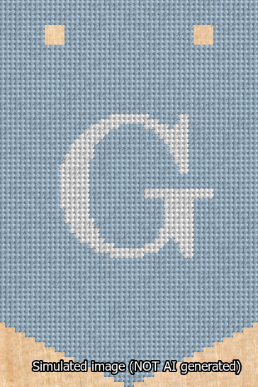 A simulated image of the stitched needlepoint design: Banner 13m Pointed G White on Light Blue. Not A.I. generated.