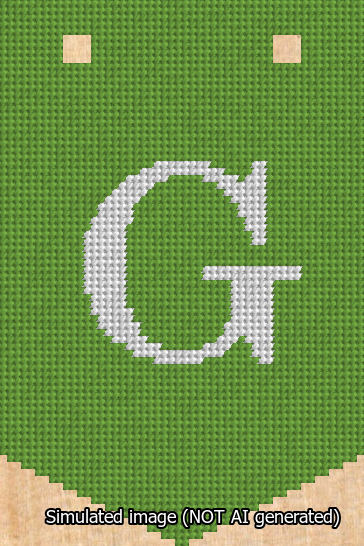 A simulated image of the stitched needlepoint design: Banner 13m Pointed G White on Light Green. Not A.I. generated.