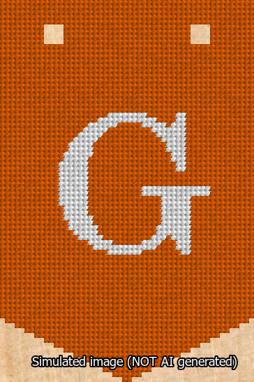 A simulated image of the stitched needlepoint design: Banner 13m Pointed G White on Orange. Not A.I. generated.