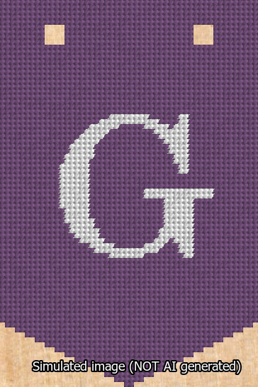 A simulated image of the stitched needlepoint design: Banner 13m Pointed G White on Purple. Not A.I. generated.