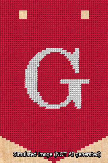 A simulated image of the stitched needlepoint design: Banner 13m Pointed G White on Red. Not A.I. generated.