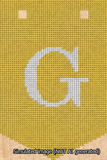 A simulated image of the stitched needlepoint design: Banner 13m Pointed G White on Yellow. Not A.I. generated.