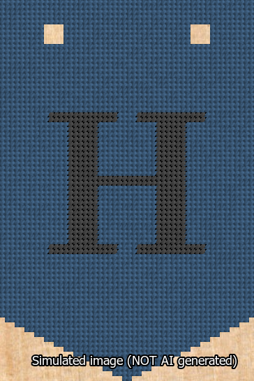 A simulated image of the stitched needlepoint design: Banner 13m Pointed H Black on Blue. Not A.I. generated.