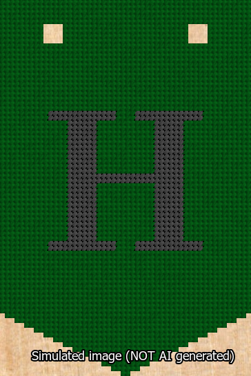 A simulated image of the stitched needlepoint design: Banner 13m Pointed H Black on Green. Not A.I. generated.