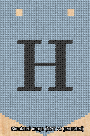 A simulated image of the stitched needlepoint design: Banner 13m Pointed H Black on Light Blue. Not A.I. generated.