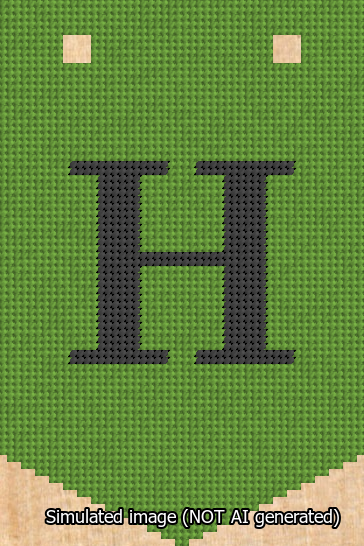 A simulated image of the stitched needlepoint design: Banner 13m Pointed H Black on Light Green. Not A.I. generated.