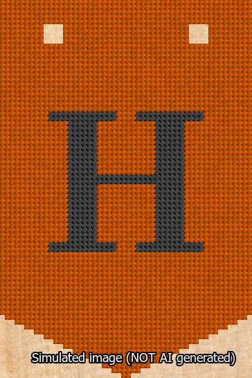 A simulated image of the stitched needlepoint design: Banner 13m Pointed H Black on Orange. Not A.I. generated.
