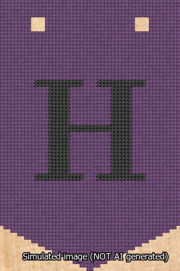 A simulated image of the stitched needlepoint design: Banner 13m Pointed H Black on Purple. Not A.I. generated.