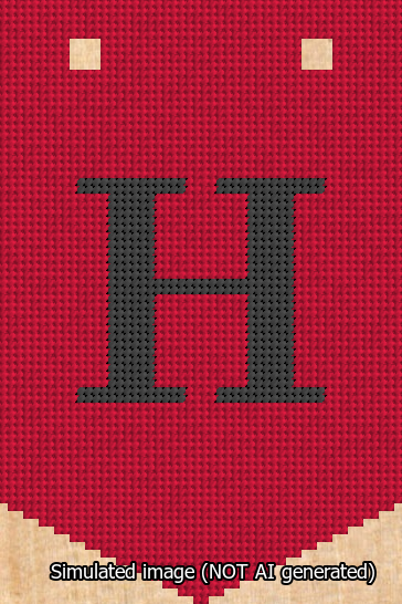 A simulated image of the stitched needlepoint design: Banner 13m Pointed H Black on Red. Not A.I. generated.